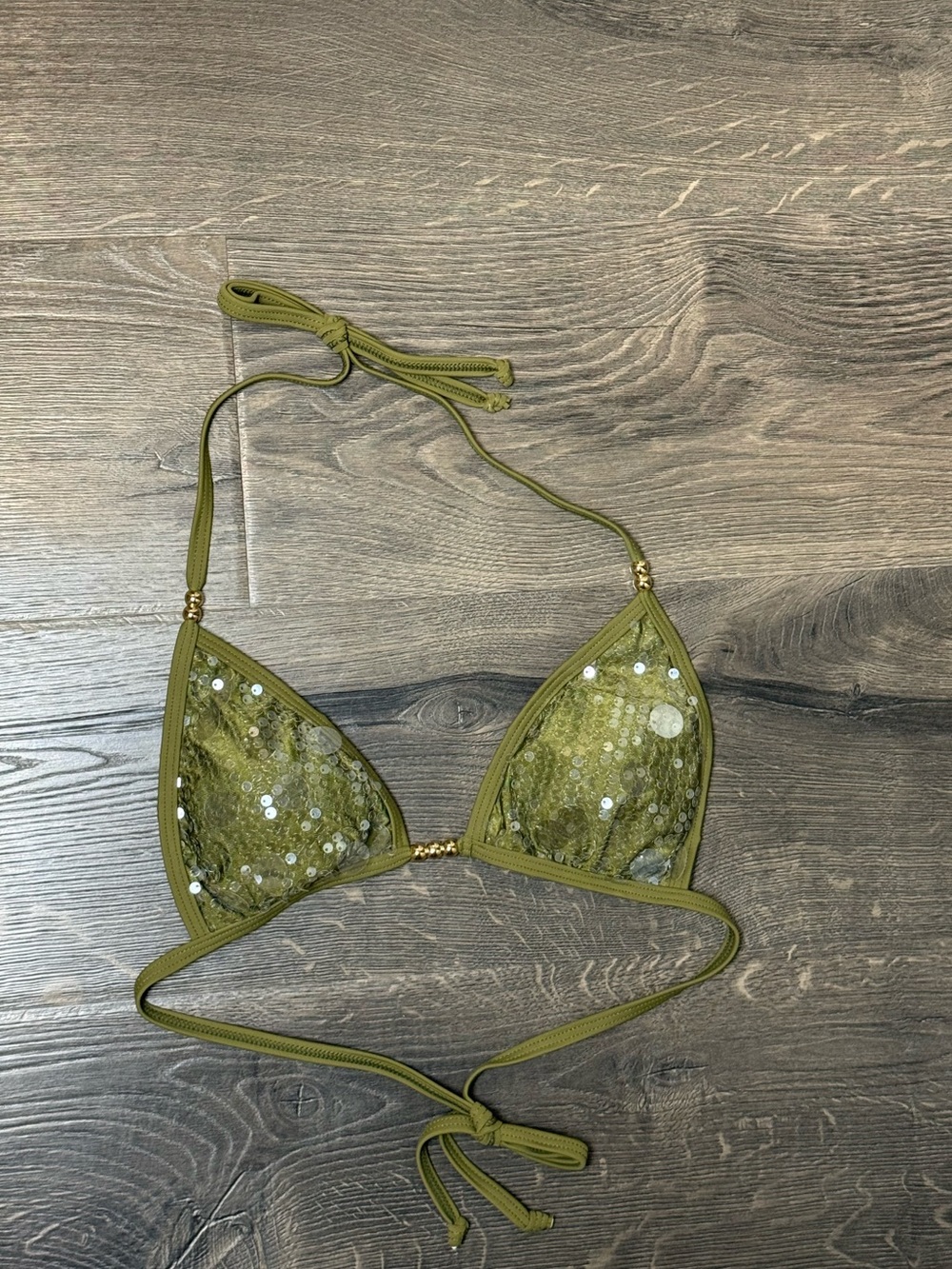 Olive Green Sequin Triangle Bikini Top